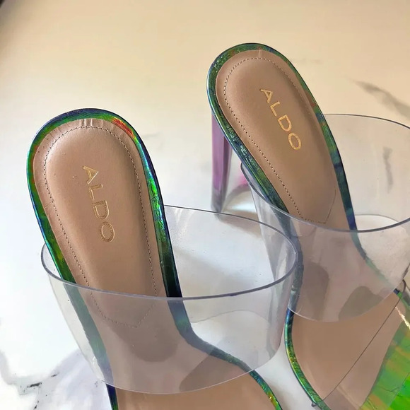 ALDO PVC Clear Double Strap Green Iridescent Mermaid Sandal Heels Size 8.5 - Picture 9 of 11
